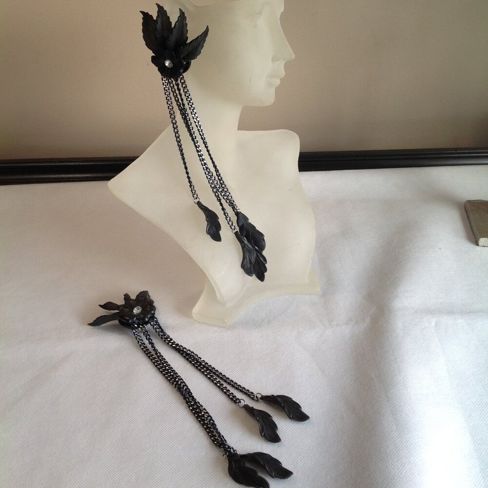 Vintage 80's Massive Clip On Extra Long 4 Chain Flower Leaf Dangle Earrings